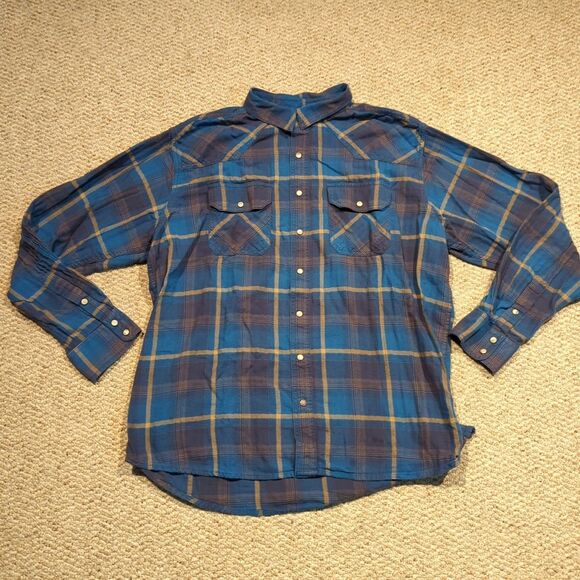 Ariat Retro Fit Pearl Snap Harland Shirt Mens XXL Blue Tan Plaid Western - Picture 1 of 9